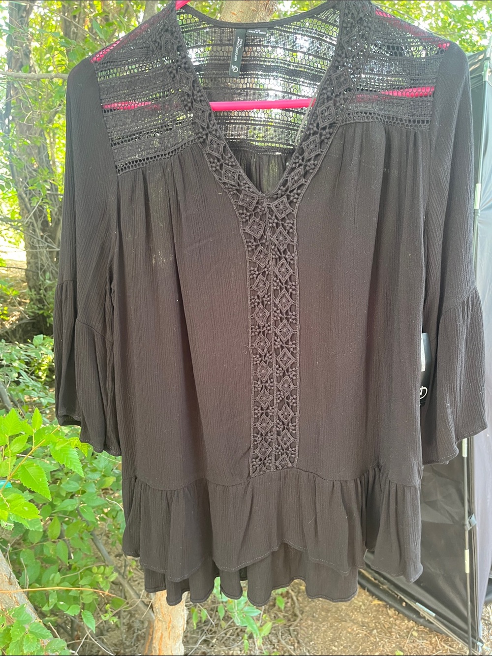 new directions Black Crochet-Trim V-Neck Ruffle Tunic